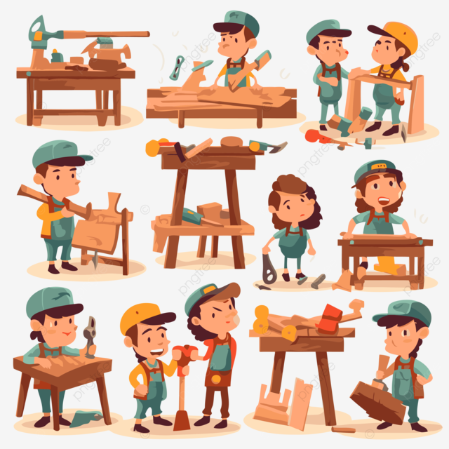 pngtree carpentry clipart various cartoon carpenters working on equipment and tools vector png image 6799429